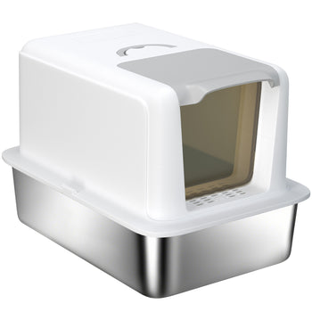 2 in 1 Stainless Steel Cat Litter Box with Removable Lid, Scoop, Filter Bags, for Small to Large Cats, White