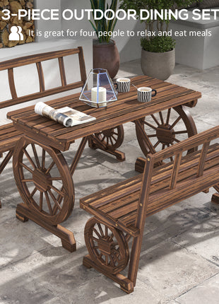 Patio Table and Chairs for 4 People, Wagon Wheel Design, Outdoor Furniture Set for Backyard, Garden, Carbonized