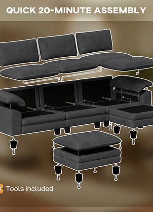 Sectional Sofa, L Shaped Couch with Deep Seat, Movable Ottoman and Pillow-top Armrests, Dark Gray