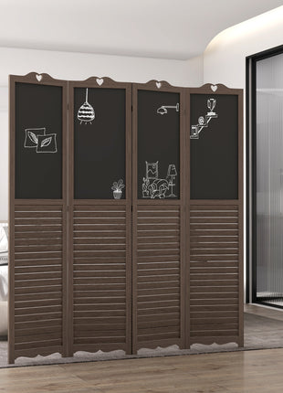 Wooden Room Divider with Blackboard, 4 Panel Folding Privacy Screen for Home Office, 5.5', Walnut Brown