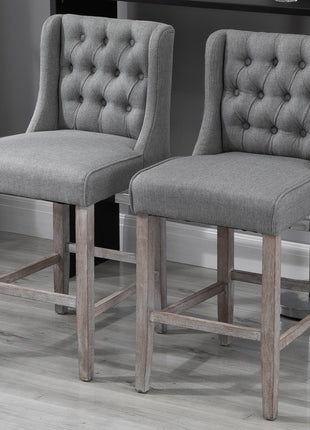 26.25" Counter Height Bar Stools, Tufted Wingback Armless Upholstered Dining Chair with Rubber Wood Legs, Set of 2, Gray
