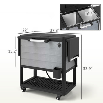 104 Quart Large Capacity Outdoor Cooler Cart, Patio Rolling Ice Chest with Bottle Opener Shelves Wheels, Gray