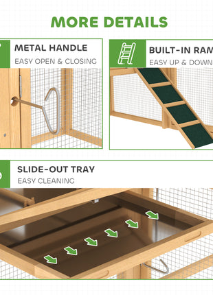 75" Wooden Chicken Coop with Nesting Box, Removable Tray, Ramp Run, for Garden Backyard, Natural Wood