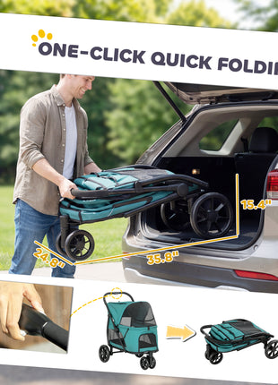 3 Wheel Pet Stroller with Easy One-Click Quick Fold, Mesh Window, Washable Cushion, for Medium Dogs, Dark Green