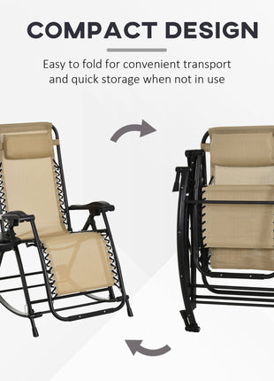 2 Outdoor Rocking Chairs Foldable Reclining Zero Gravity Lounge Rockers w/ Pillow Cup & Phone Holder, Beige