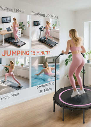 48" Rebounder Trampoline for Adults, Foldable Mini Trampoline with Adjustable Handle Bar for Indoor Outdoor, Pink