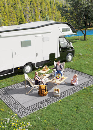 RV Mat, Outdoor Patio Rug / Large Camping Carpet, 9' x 18', Waterproof Plastic Straw, Reversible, Black & Gray Border