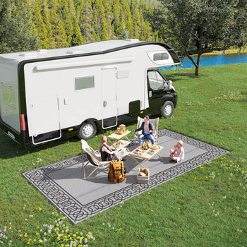 RV Mat, Outdoor Patio Rug / Large Camping Carpet, 9' x 18', Waterproof Plastic Straw, Reversible, Black & Gray Border