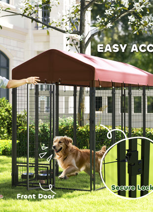 Outdoor Dog Kennel with Rotating Bowl Holders, Walk-in Pet Playpen with Waterproof Cover, 8' x 4' x 6', Red