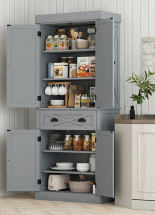 72" Kitchen Cabinet, Pantry Storage Cabinet with 4 Doors and 2 Adjustable Shelves, Large Central Drawer, Gray