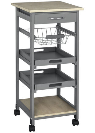 Mobile Kitchen Cart, Rolling Kitchen Island with Storage, Solid Wood Frame Utility Cart with Wire Fruit Baskets, Trays and Drawer, Gray