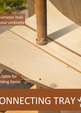 Fire Pit Seating, 2 Wooden Adirondack Chairs with Outdoor Table & Umbrella Hole, Wood 2 Person Adirondack Bench, Natural