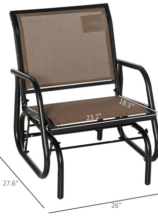 Porch Glider, Metal Frame Swing Glider Chair with Breathable Mesh Fabric, Curved Armrests and Steel Frame for Garden, Poolside, Backyard, Balcony, Brown