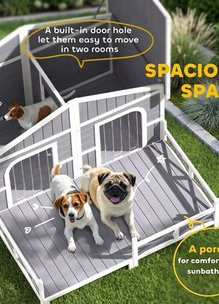Dog House Outdoor, Wooden Dog Kennel Weatherproof with Porch, Openable Roof, Removable Bottom, Elevated Floor, Double Room for 2 Small to Medium Breeds, Gray