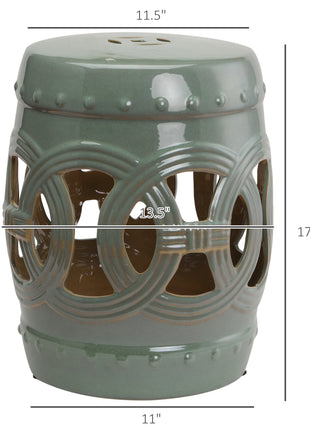 14" x 17" Ceramic Garden Stool with Double-Coin Knotted Ring Design, Glazed Decorative Outdoor Stool, Green