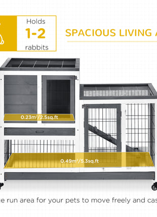 Wooden Rabbit Hutch Elevated Bunny Cage Indoor Small Animal Habitat with Enclosed Run with Wheels, Ramp, Removable Tray for Rabbits, Chickens, Ducks, Guinea Pigs, Gray