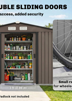 Outdoor Shed Garden Storage Shed Tool Storage Building with 4 Vents and 2 Sliding Doors, 9 x 6 FT, Brown