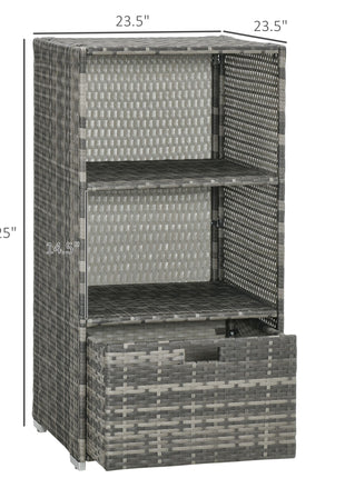 Valet Pool Towel Rack, Waterproof PE Plastic Rattan Wicker Storage Organizer, Indoor Outdoor Spa, and Hot Tub Accessory Storage, 2 Shelves, 1 Basket Drawer, Gray