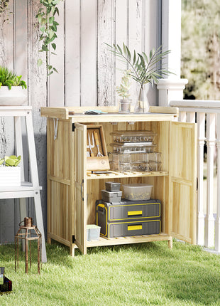 Outdoor Storage Cabinet, Garden Tool Shed with Metal Tabletop, Shelf, Wooden Potting Bench with 2 Doors, Natural Wood