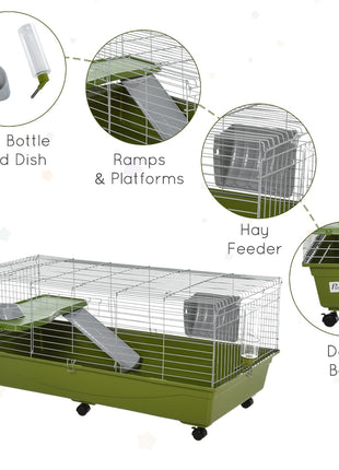 47" Small Animal Cage Chinchilla Guinea Pig Hutch Pet House with Platform Ramp, Food Dish, Wheels, & Water Bottle