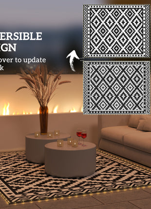 Outdoor Rug Carpet Reversible Plastic Straw Rug with LED Lights Black and White 10' x 8' for Patio