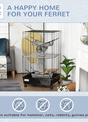 42" Ferret Cage, Small Animal Habitat Metal Pet Cage with Wheels Brakes, Hammocks, Hanging Tunnels, and 3 Doors, Black