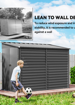 4.6' x 9' Outdoor Storage Shed, Lean to Metal Shed with Foundation Kit, Lockable Doors and Gloves for Patio, Lawn, Dark Gray