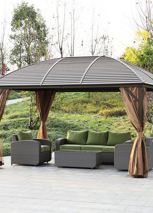 10' x 13' Hardtop Gazebo with Curtains, Netting, Pavilion with Steel Roof Ceiling Hook for Garden Patio, Brown
