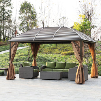 10' x 13' Hardtop Gazebo with Curtains, Netting, Pavilion with Steel Roof Ceiling Hook for Garden Patio, Brown