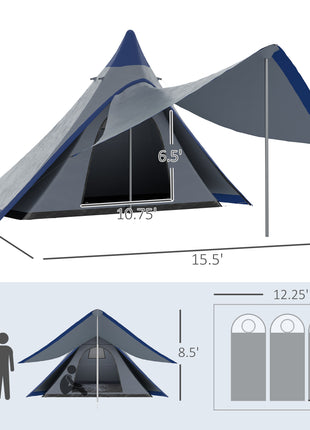 15.4'x15.4'x8.5' Teepee Tent, Waterproof Camping Tent with Porch Area, Floor and Carry Bag, for 2-3 Person Outdoor Backpacking Camping Hiking, Blue
