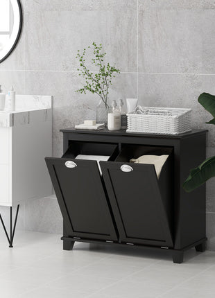 Bathroom Storage Cabinet, Tilt-Out Laundry Hamper with 2 Compartments, Black