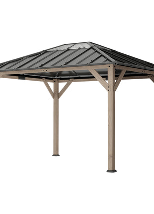 10' x 12' Hardtop Gazebo with Galvanized Steel Roof, UPF50+ Wood Permanent Pavilion with Clear Roof Top, Light Walnut