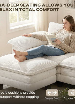 Sectional Sofa, L Shaped Couch with Deep Seat, Movable Ottoman and Pillow-top Armrests, Beige