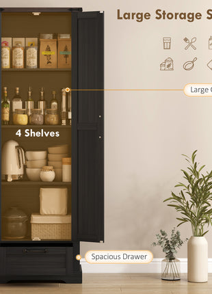 71" Pantry Cabinet, Kitchen Storage Cabinet with Adjustable Shelves, Barn Doors and Drawer for Dining Room, Black