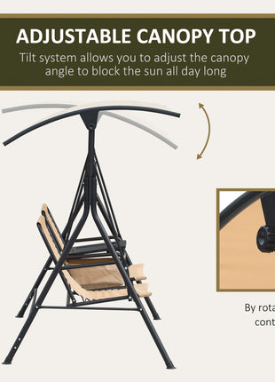 2 Person Porch Swing with Canopy, Storage Table, Cup Holder, Beige