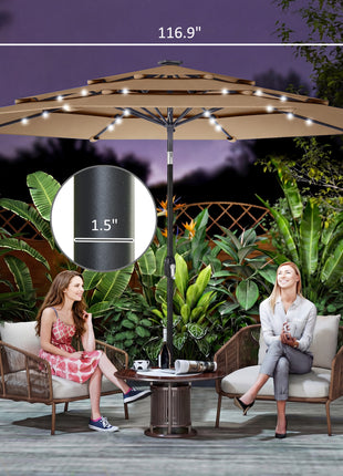 9.7 ft Outdoor Patio Umbrella with Solar LED Lights, 3 Tier Outdoor Table Umbrella with Tilt, Crank, Khaki