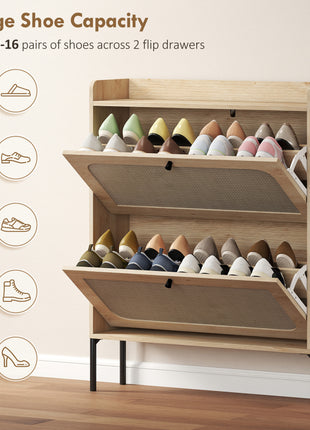 Shoe Cabinet with 2 Flip Drawers, Boho Narrow Shoe Storage Cabinet, Oak
