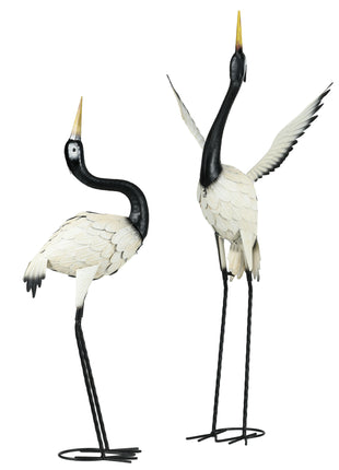 Set of 2 Garden Sculptures, Heron Garden Statues for Lawn, Patio, Backyard Decoration, 35.5" & 40.5", White & Black