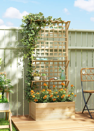 Wooden Raised Garden Bed with Trellis and Roof, Elevated Planter Box with 2 Shelves, Drainage Hole and Liner, Natural