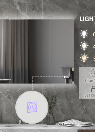 Bathroom Mirror Cabinet with Light, Bathroom Storage Cupboard with USB Charge, Adjustable Shelf, 35.5"W x 25.5"H, White
