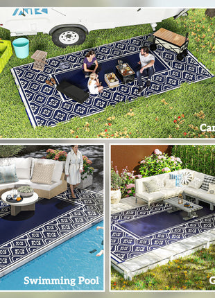 Reversible Outdoor Rug, Waterproof Plastic Straw with Carry Bag, 9' x 18', Blue & White Gourd Border