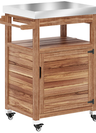 Outdoor Grill Cart with Stainless Steel Top, Solid Wood Outdoor Kitchen Island with Wheels, Drawer, Side Handle, Brown
