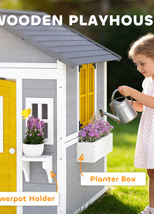 Wooden Playhouse for Kids Outdoor with Doors, Windows, Planter Pots and Boxes for Toddlers 3-8 Years, Gray