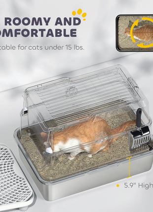 Extra Large Stainless Steel Cat Litter Box for Big Cats with Flip Cover, High-Sided Enclosure & Scoop