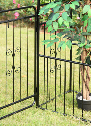 86" Garden Arch Arbor, Metal Arch Trellis with Gate and Planter Baskets, Garden Archway for Climbing Vines, Wedding Ceremony Decoration, Flourishes & Arrow Tips, Black