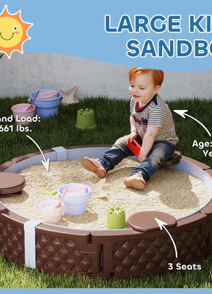 47" Round Kids Sandbox with Cover, 3 Seats, Waterproof Bottom Liner, for Backyard, Lawn, Garden, Beach, Patio, Brown