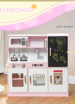 Pretend Play Kitchen, Kids Kitchen Playset with Play Phone, Chalkboard, Towel Rack & Ice Maker for 3-8 Years Pink