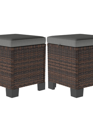 2 Piece Wicker Outdoor Ottomans with Cushions, Rattan Ottoman Footrest and Side Table for Patio, Yard, Poolside, Gray