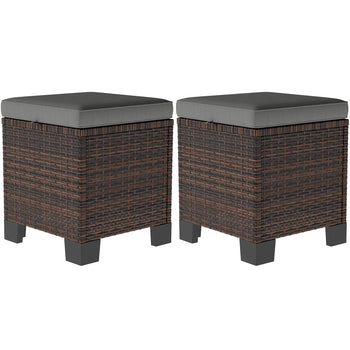 2 Piece Wicker Outdoor Ottomans with Cushions, Rattan Ottoman Footrest and Side Table for Patio, Yard, Poolside, Gray