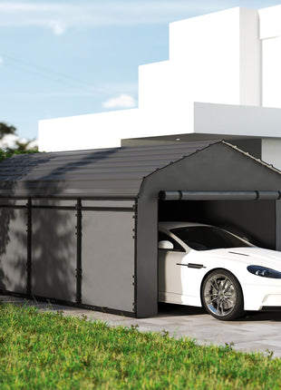 12' x 20' Metal Carport, Heavy Duty Garage Car Canopy with Galvanized Metal Roof and Removable Sidewalls, Dark Gray